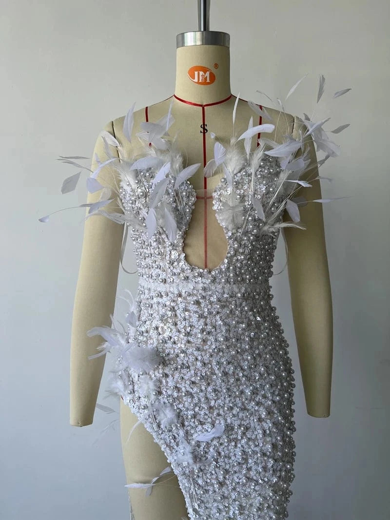 New Fashion Women's Sequins Long Dress Beaded Pearls Sexy Strapless Party Dresses