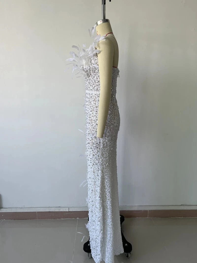 New Fashion Women's Sequins Long Dress Beaded Pearls Sexy Strapless Party Dresses