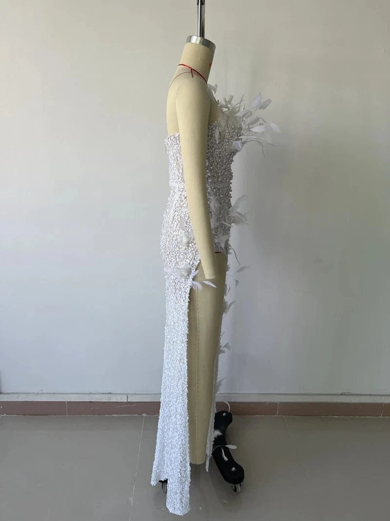 New Fashion Women's Sequins Long Dress Beaded Pearls Sexy Strapless Party Dresses