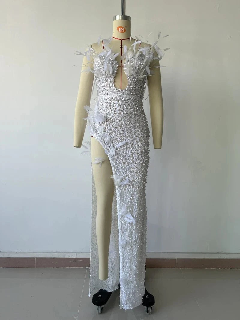 New Fashion Women's Sequins Long Dress Beaded Pearls Sexy Strapless Party Dresses