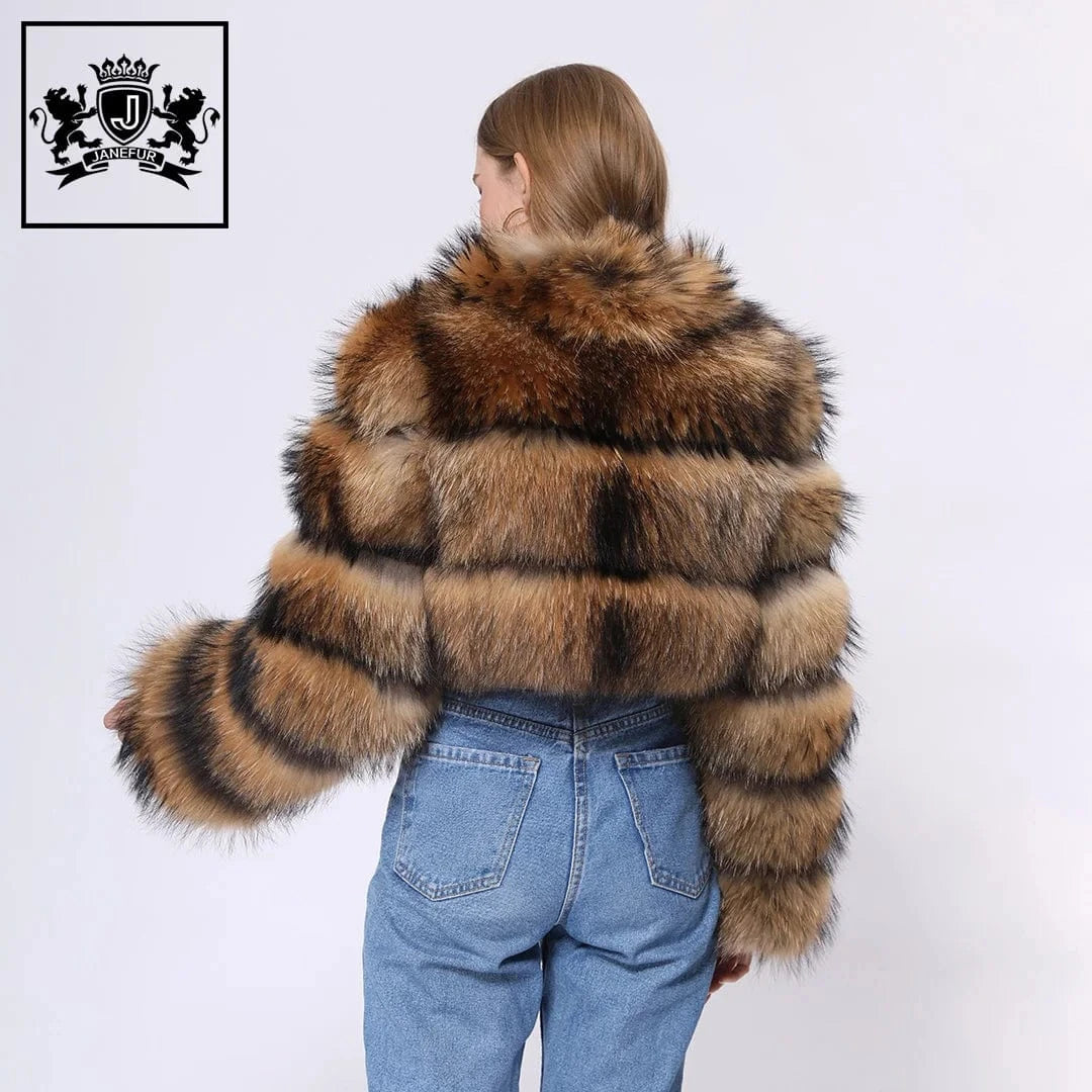New fashion women winter natural raccoon fur short cropped real fur jacket