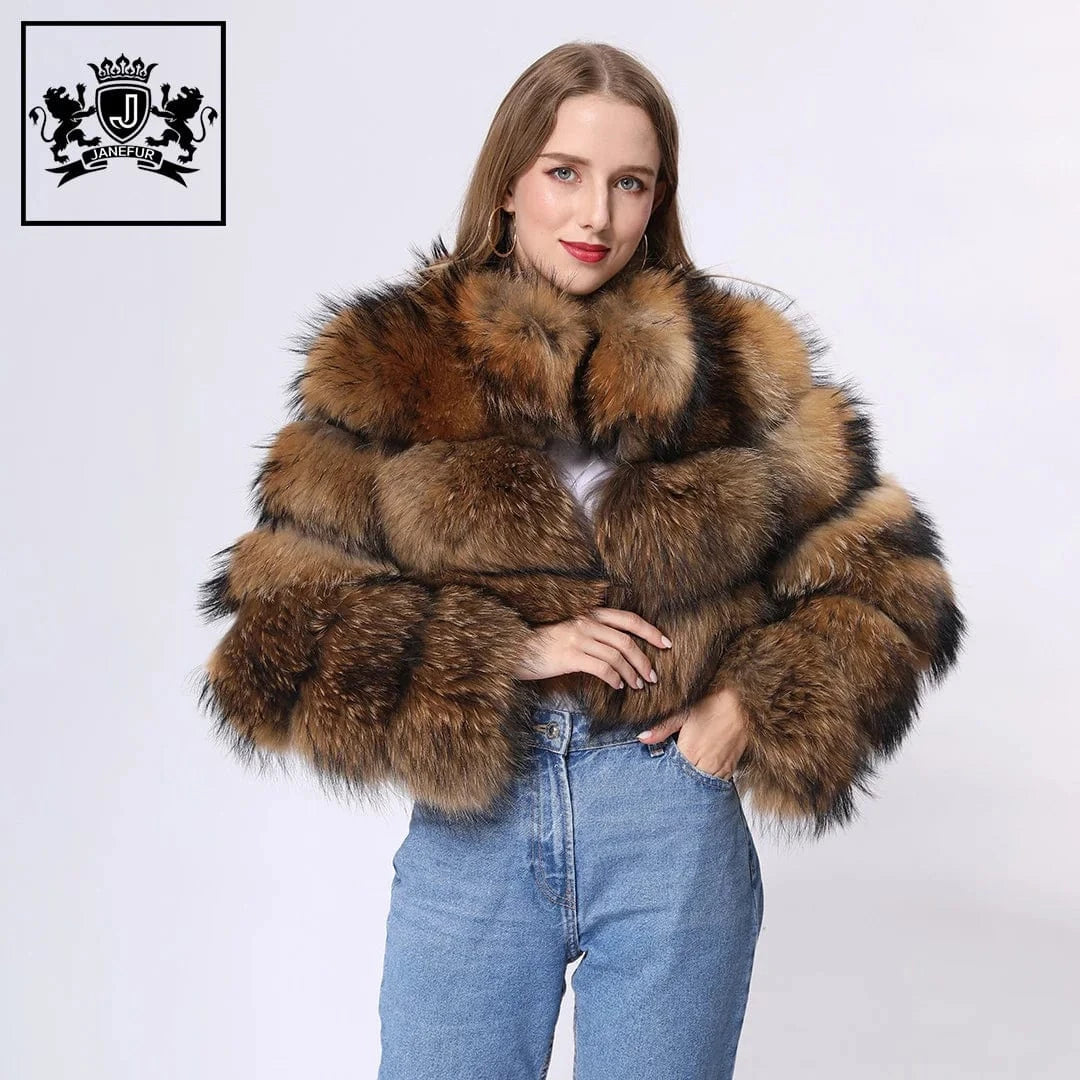 New fashion women winter natural raccoon fur short cropped real fur jacket