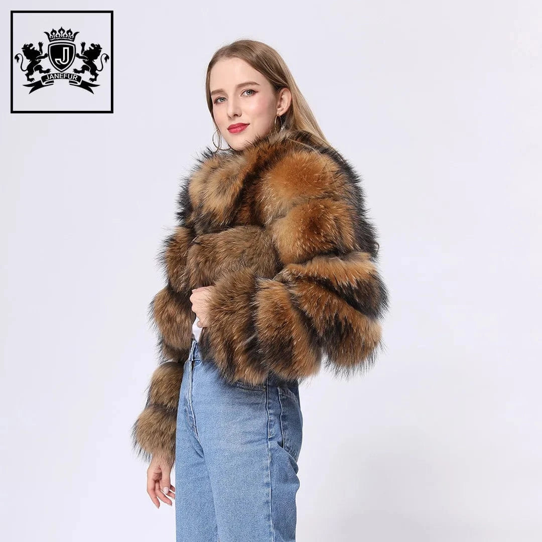 New fashion women winter natural raccoon fur short cropped real fur jacket