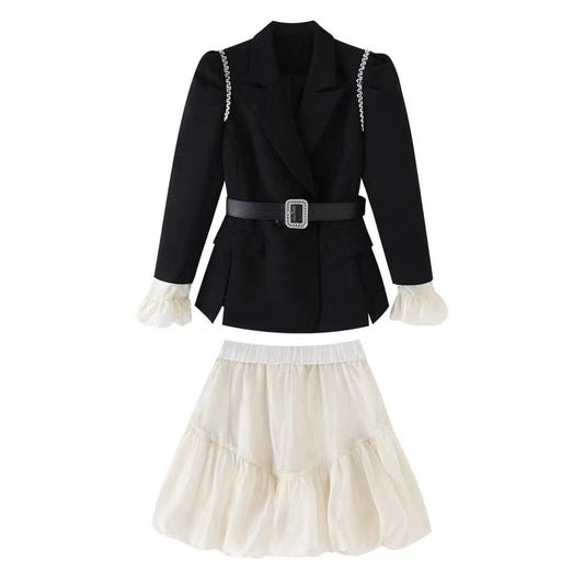 New French skirt two-piece black suit suit women send belt HL80070135