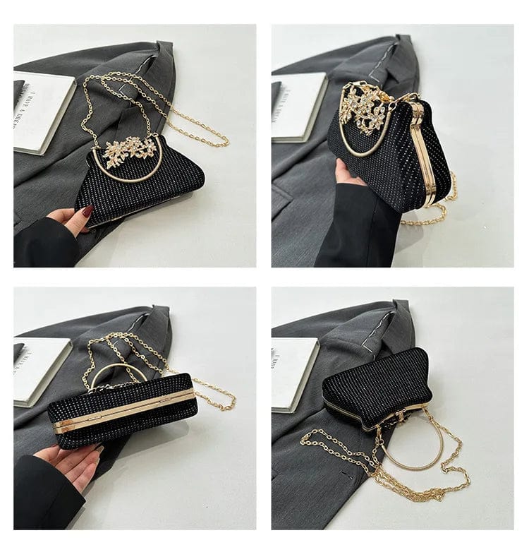 New Hardware Diamond Leaves Lock Rhinestone Dinner Party Evening Dress Elegance Handheld Women's Bag Shining Crystal Clutch