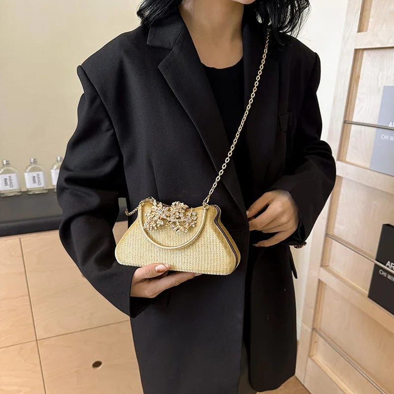 New Hardware Diamond Leaves Lock Rhinestone Dinner Party Evening Dress Elegance Handheld Women's Bag Shining Crystal Clutch