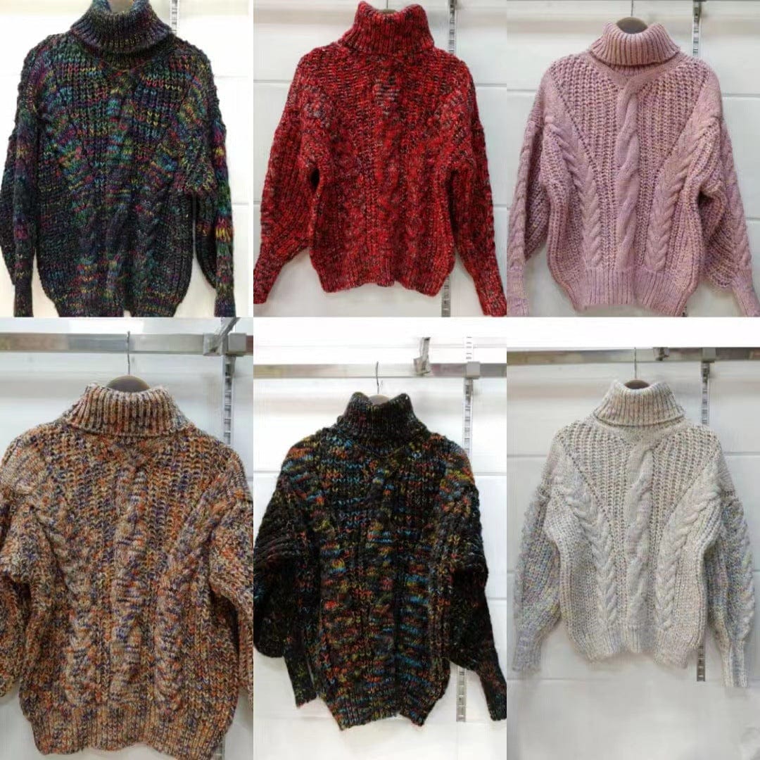 new high neck pullover colorful thread thick needle twist lantern sleeve sweater female Amazon foreign trade