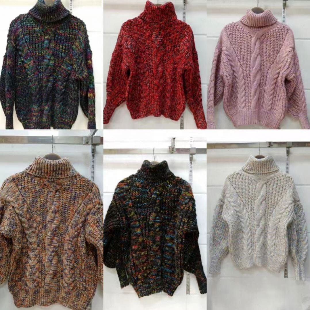 new high neck pullover colorful thread thick needle twist lantern sleeve sweater female Amazon foreign trade