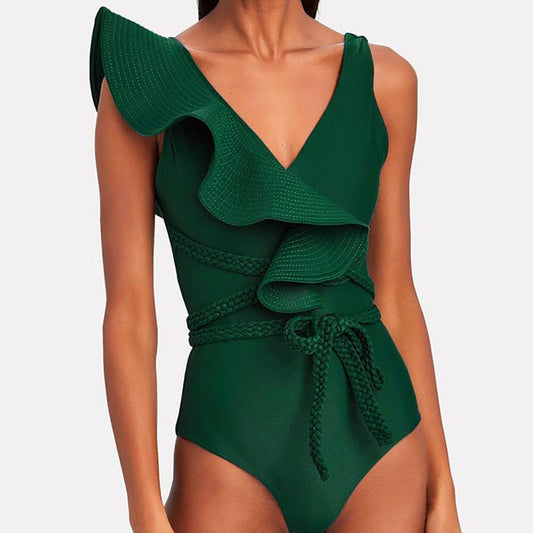 New High Quality Designer One Shoulder Ruffled Braided Belt High Waist Bathing Suit Monokini One Piece Swimsuit for Women