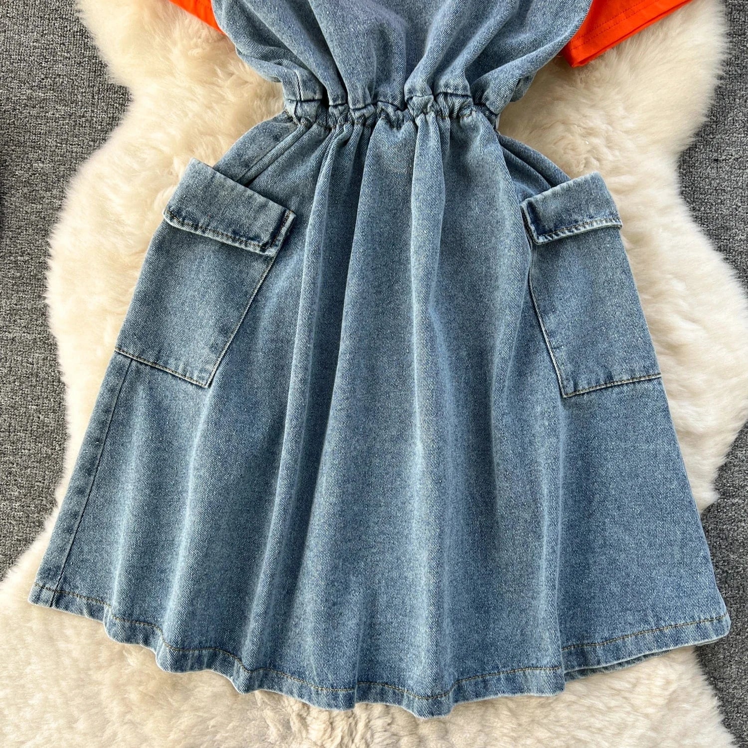 New High Quality Summer Romantic O-neck Tunic Midi Dress For Women Short Sleeve Empire Patchwork Denim Dresses Clothes Women