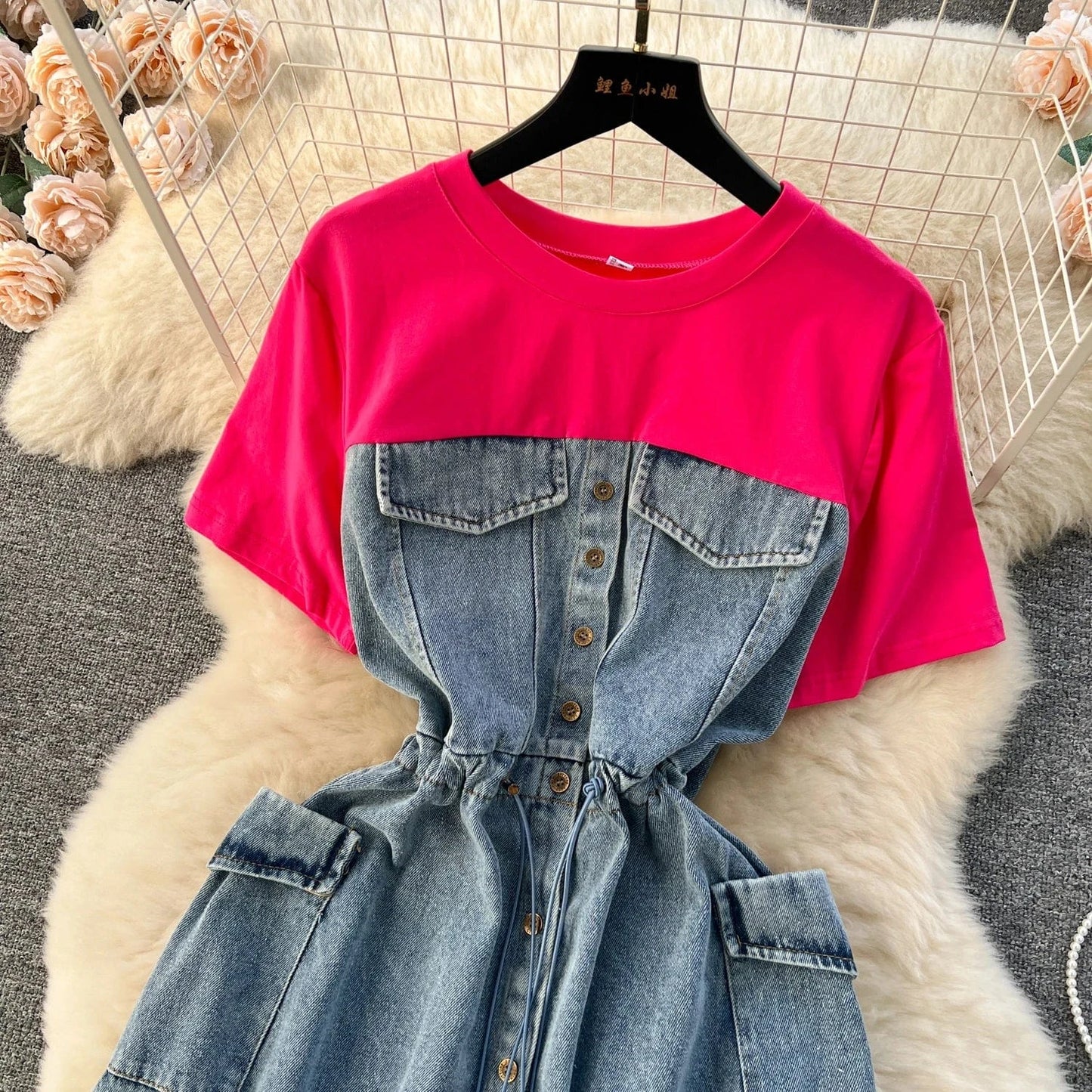 New High Quality Summer Romantic O-neck Tunic Midi Dress For Women Short Sleeve Empire Patchwork Denim Dresses Clothes Women