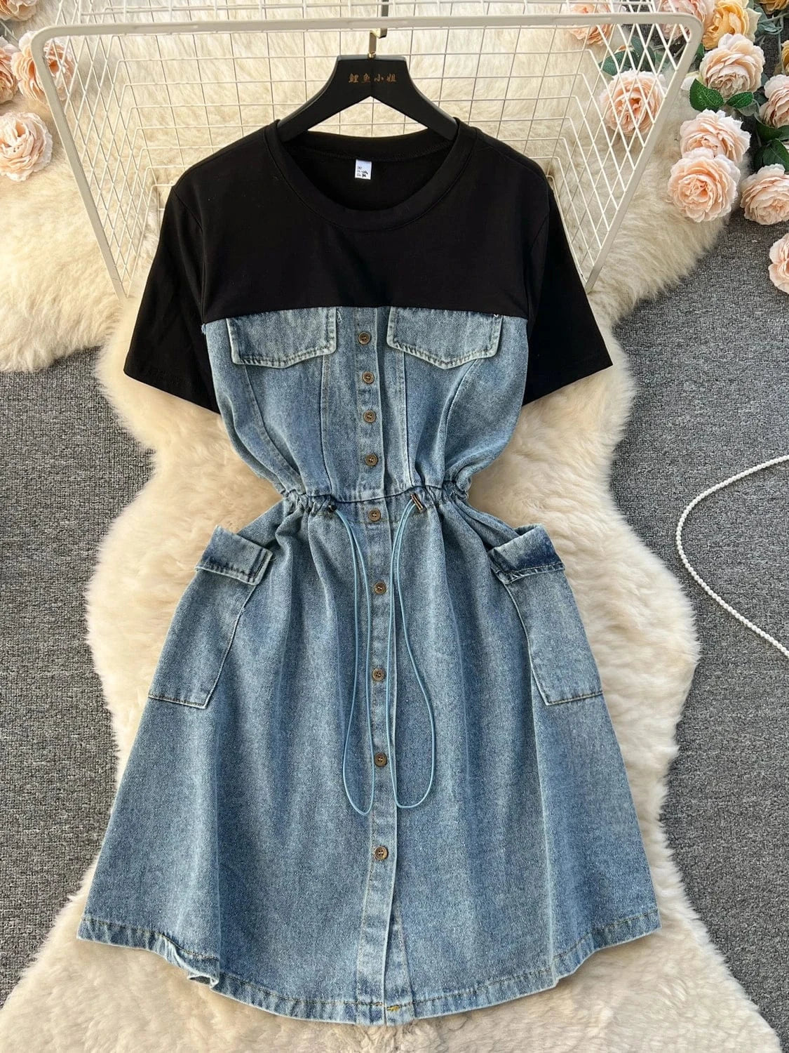 New High Quality Summer Romantic O-neck Tunic Midi Dress For Women Short Sleeve Empire Patchwork Denim Dresses Clothes Women