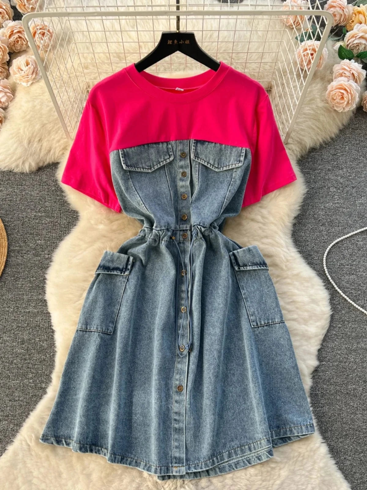 New High Quality Summer Romantic O-neck Tunic Midi Dress For Women Short Sleeve Empire Patchwork Denim Dresses Clothes Women