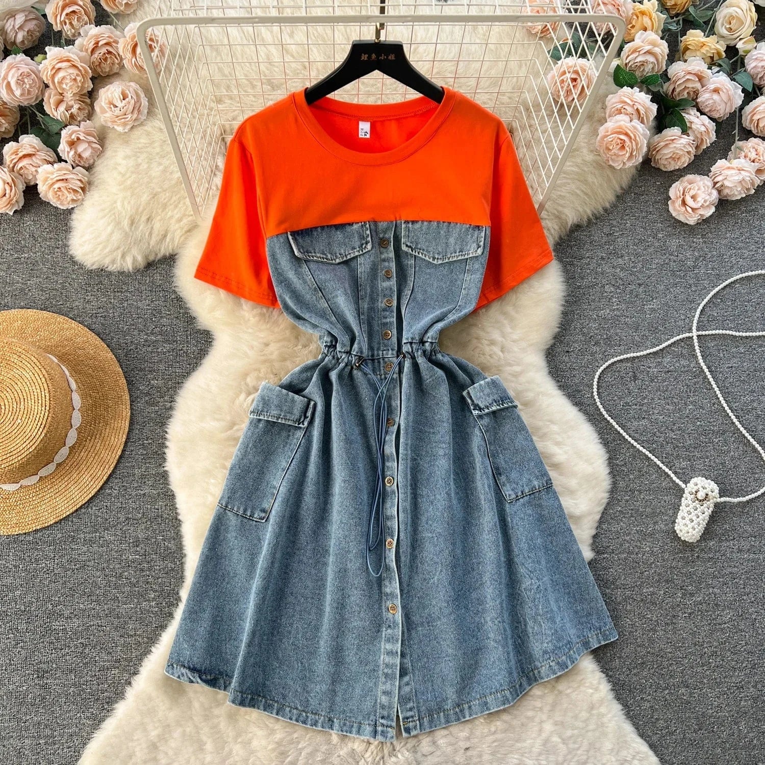 New High Quality Summer Romantic O-neck Tunic Midi Dress For Women Short Sleeve Empire Patchwork Denim Dresses Clothes Women