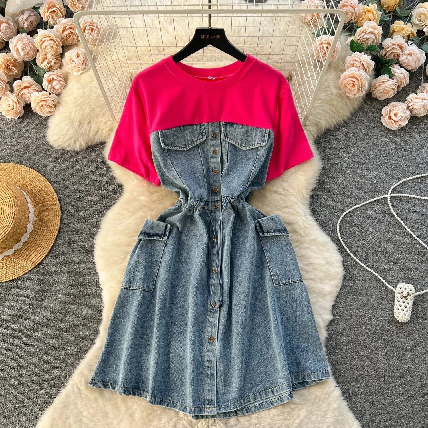 New High Quality Summer Romantic O-neck Tunic Midi Dress For Women Short Sleeve Empire Patchwork Denim Dresses Clothes Women
