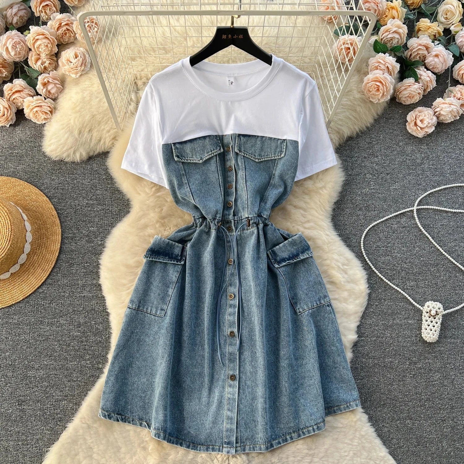 New High Quality Summer Romantic O-neck Tunic Midi Dress For Women Short Sleeve Empire Patchwork Denim Dresses Clothes Women