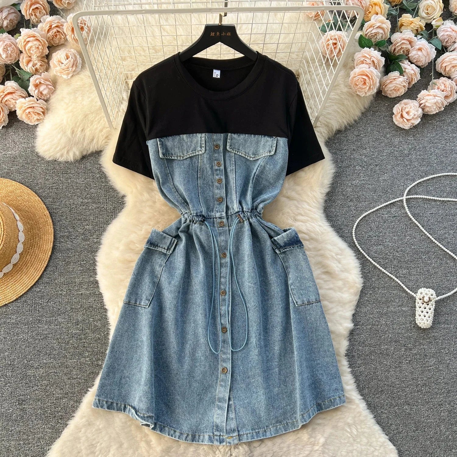 New High Quality Summer Romantic O-neck Tunic Midi Dress For Women Short Sleeve Empire Patchwork Denim Dresses Clothes Women