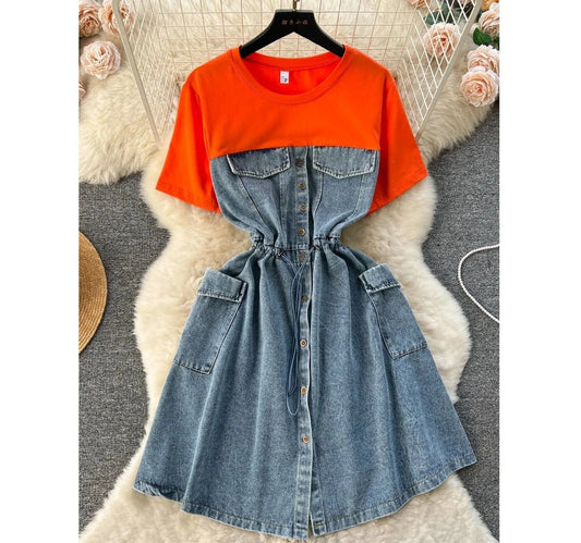 New High Quality Summer Romantic O-neck Tunic Midi Dress For Women Short Sleeve Empire Patchwork Denim Dresses Clothes Women