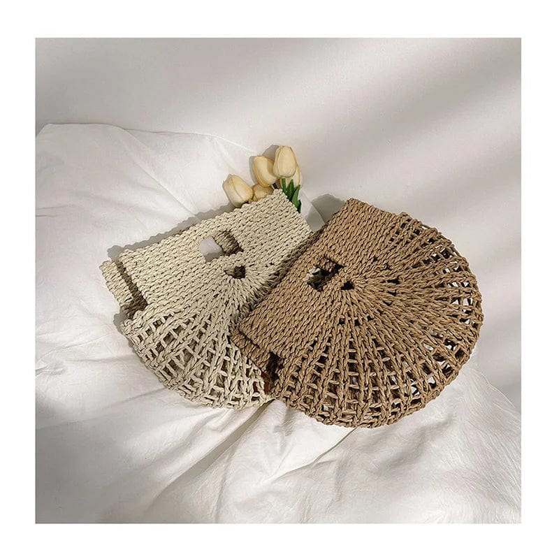 New Hollow Out Women Half Moon Hand Bag Paper Rope Straw Woven Hobo Tote Bag for Daily Life Korean Style Beach Travel Handbags