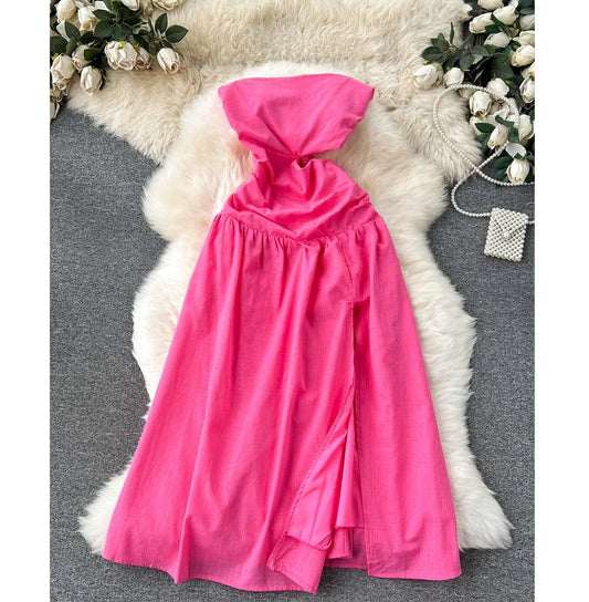 New Hollowed-Out Waist Pleated Elastic Slim-Fit Gown With A Slit Over The Knee Dress