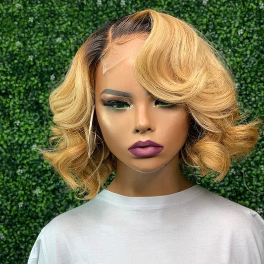 New Hot Selling Short bob Wavy Honey Blonde Ombre Color 100% Brazilian Human Hair 4x4 Lace Closure Wigs