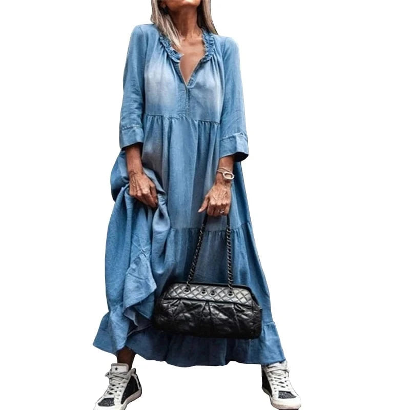 New Hot Selling Wholesale Solid Color V-Neck Drawstring Denim Big Swing Medium Long sleeved Jeans Dress