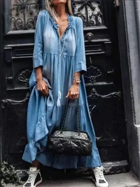 New Hot Selling Wholesale Solid Color V-Neck Drawstring Denim Big Swing Medium Long sleeved Jeans Dress