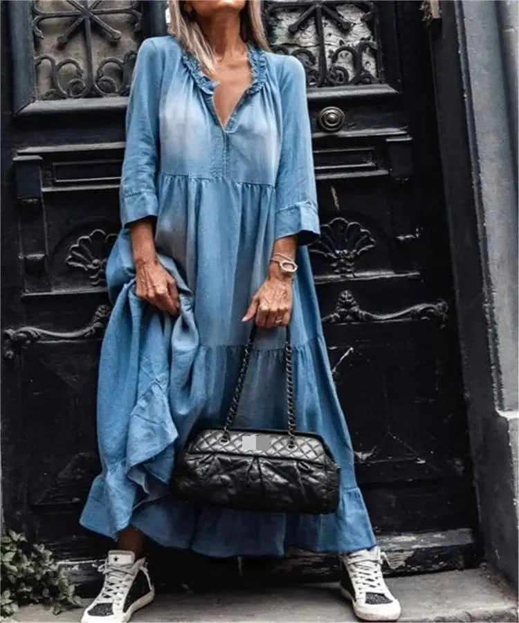 New Hot Selling Wholesale Solid Color V-Neck Drawstring Denim Big Swing Medium Long sleeved Jeans Dress