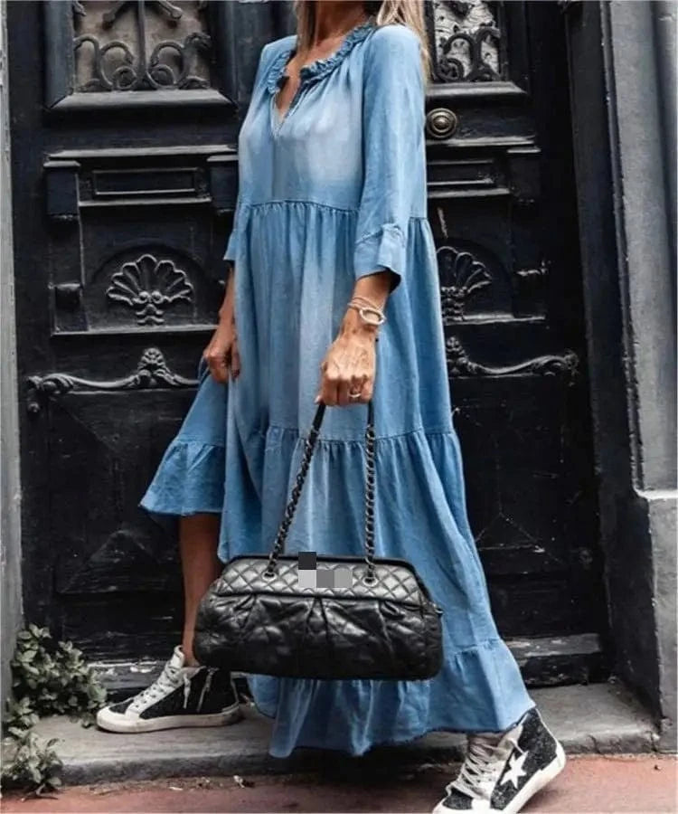 New Hot Selling Wholesale Solid Color V-Neck Drawstring Denim Big Swing Medium Long sleeved Jeans Dress