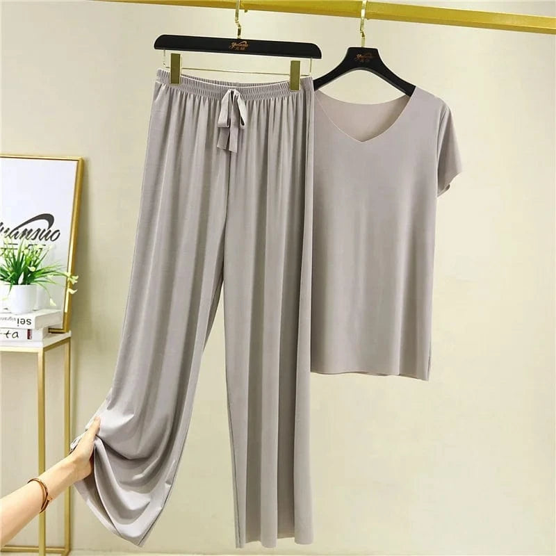 New Ice Silk Short Sleeve T-Shirt Two Piece Suit Women Summer Thin v-neck Top Loose Casual Wide Leg Pants 2 Pieces