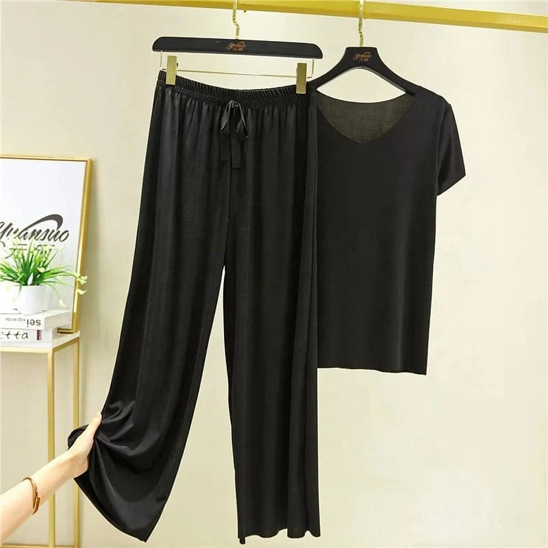 New Ice Silk Short Sleeve T-Shirt Two Piece Suit Women Summer Thin v-neck Top Loose Casual Wide Leg Pants 2 Pieces