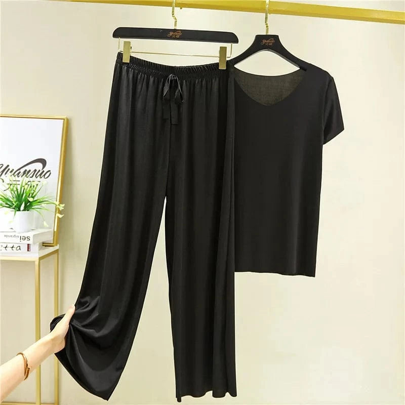 New Ice Silk Short Sleeve T-Shirt Two Piece Suit Women Summer Thin v-neck Top Loose Casual Wide Leg Pants 2 Pieces