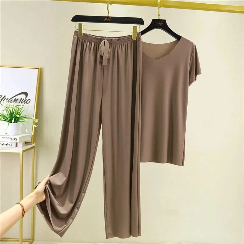 New Ice Silk Short Sleeve T-Shirt Two Piece Suit Women Summer Thin v-neck Top Loose Casual Wide Leg Pants 2 Pieces
