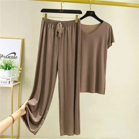 New Ice Silk Short Sleeve T-Shirt Two Piece Suit Women Summer Thin v-neck Top Loose Casual Wide Leg Pants 2 Pieces