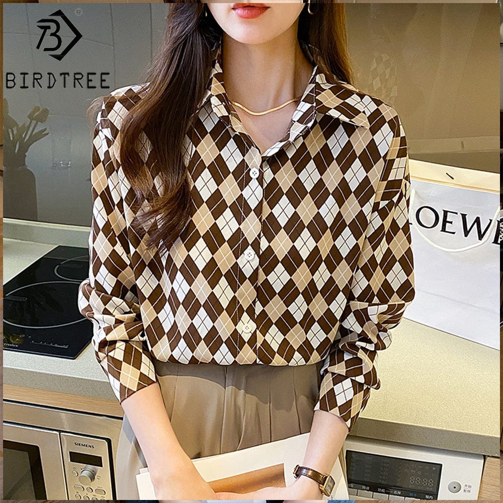New In Women Geometry Printing Shirt 2022 Autumn Button Up Long Sleeves Female Cheap Clothes Chiffon Blouses Tops T27618X