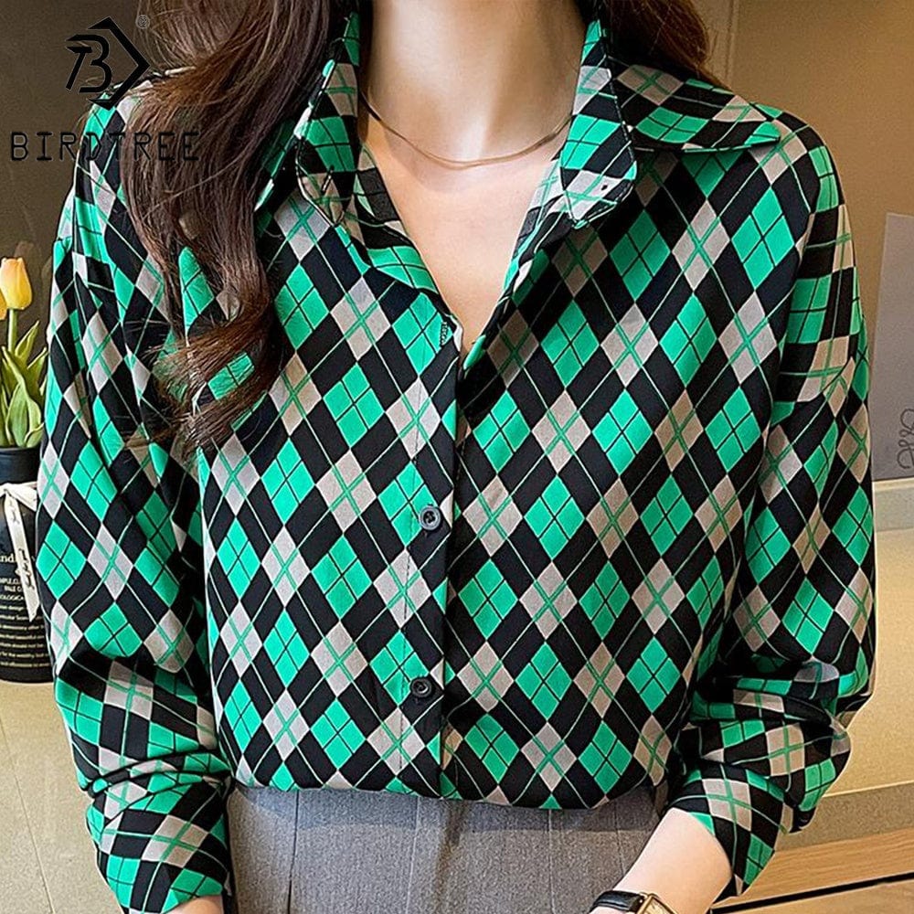 New In Women Geometry Printing Shirt 2022 Autumn Button Up Long Sleeves Female Cheap Clothes Chiffon Blouses Tops T27618X