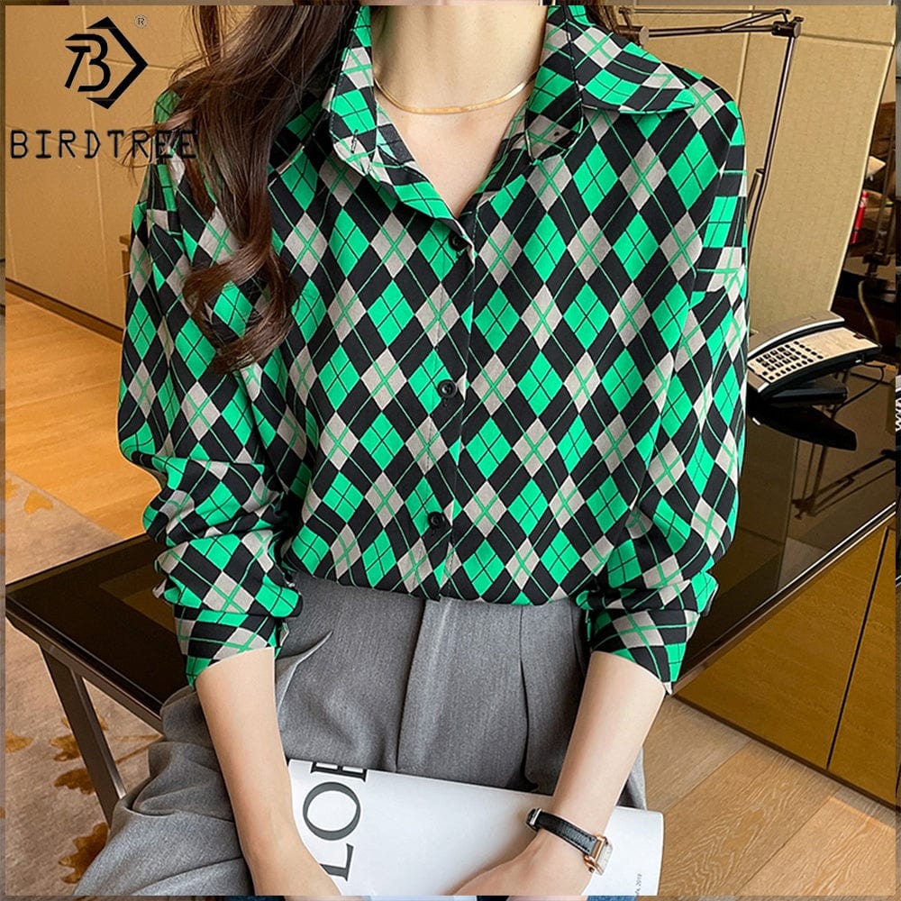 New In Women Geometry Printing Shirt 2022 Autumn Button Up Long Sleeves Female Cheap Clothes Chiffon Blouses Tops T27618X