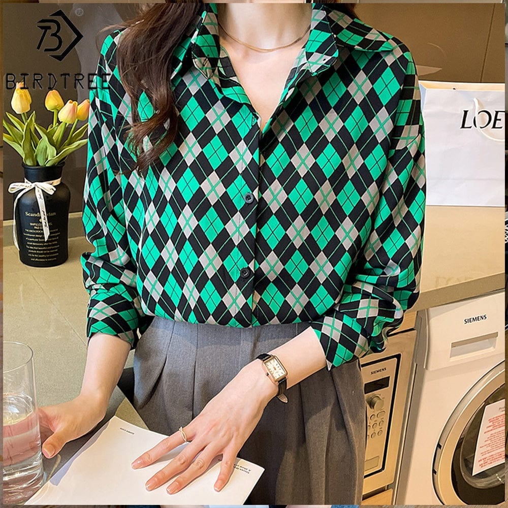 New In Women Geometry Printing Shirt 2022 Autumn Button Up Long Sleeves Female Cheap Clothes Chiffon Blouses Tops T27618X