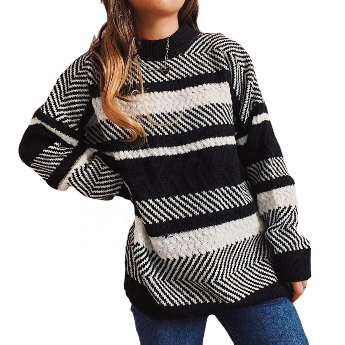 New Irregular Striped Color Stitching Thickened Round Neck Long Sleeve Knitted Sweater Pullover