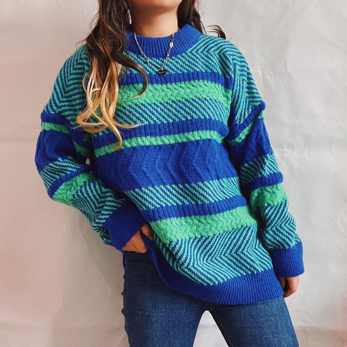 New Irregular Striped Color Stitching Thickened Round Neck Long Sleeve Knitted Sweater Pullover