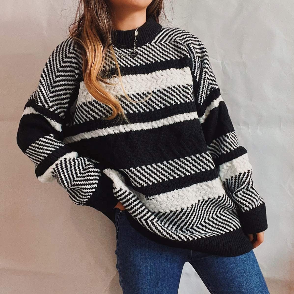 New Irregular Striped Color Stitching Thickened Round Neck Long Sleeve Knitted Sweater Pullover