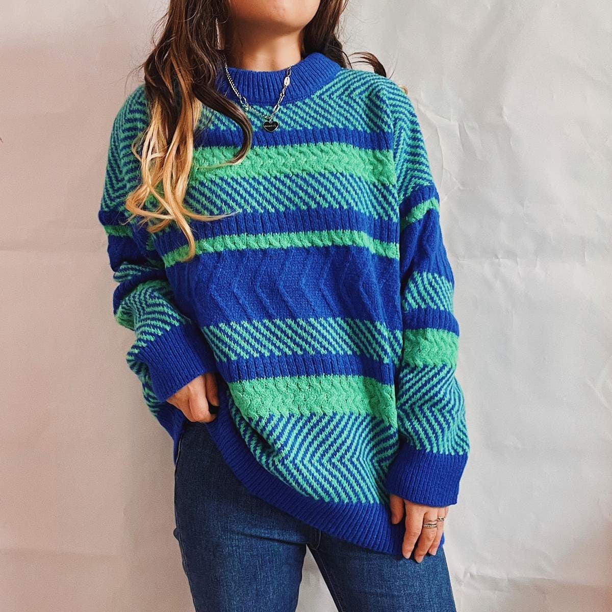 New Irregular Striped Color Stitching Thickened Round Neck Long Sleeve Knitted Sweater Pullover