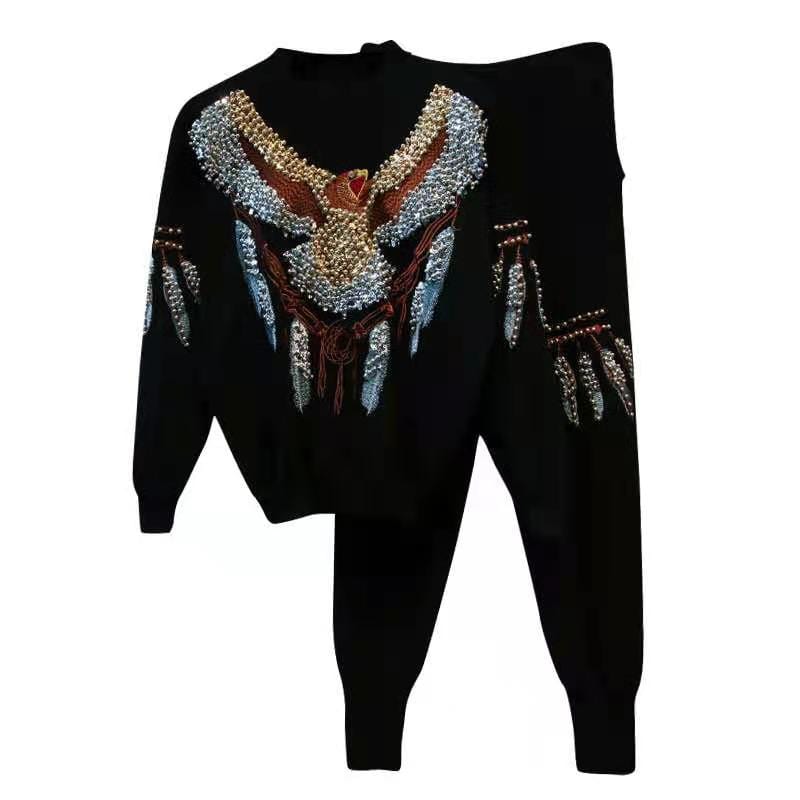 New ladies sweater set fashion sweater heavy work embroidery printing