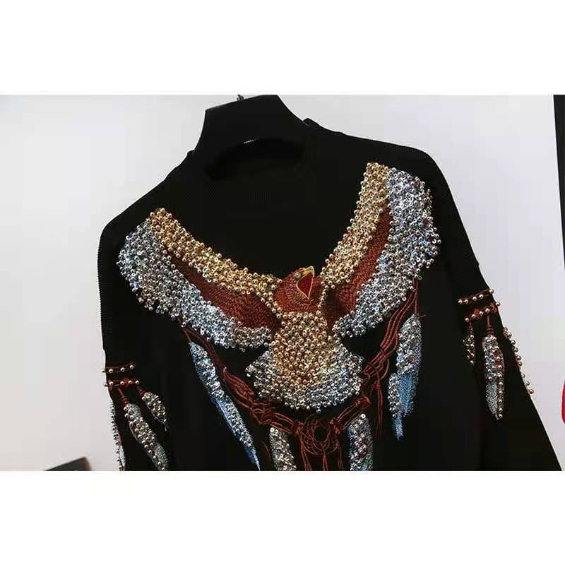 New ladies sweater set fashion sweater heavy work embroidery printing