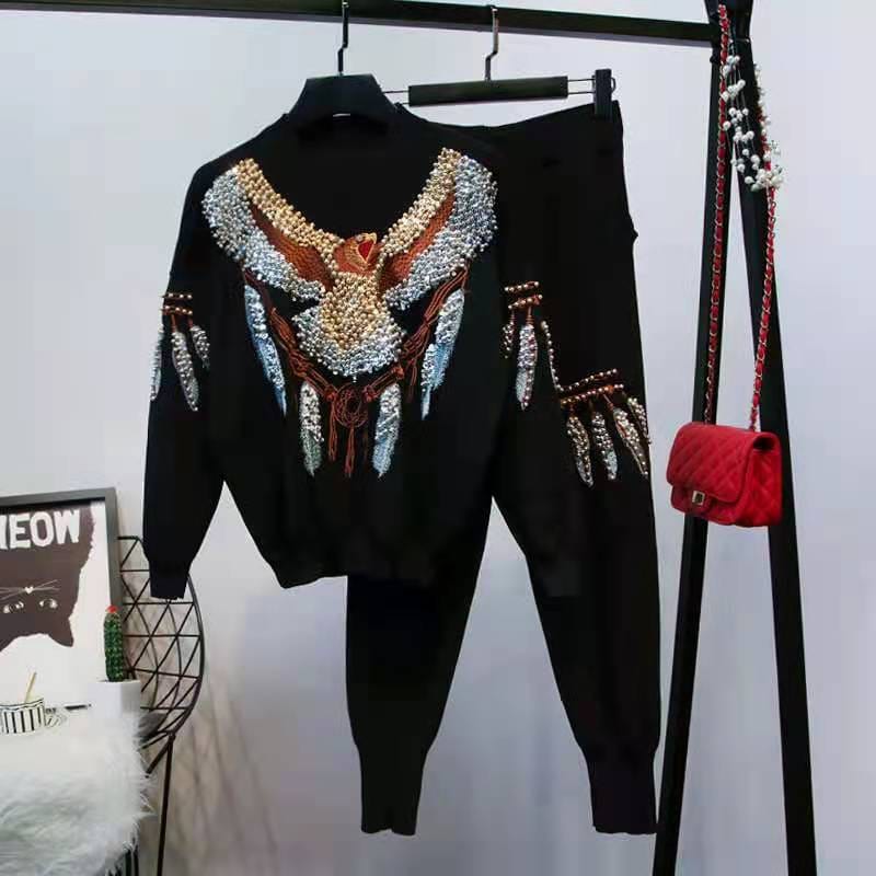 New ladies sweater set fashion sweater heavy work embroidery printing