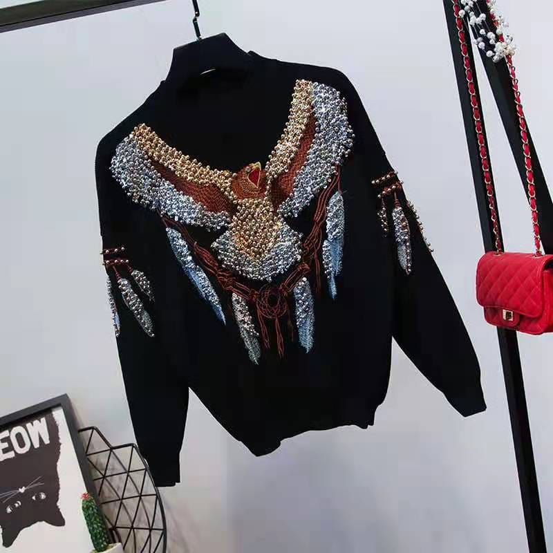 New ladies sweater set fashion sweater heavy work embroidery printing
