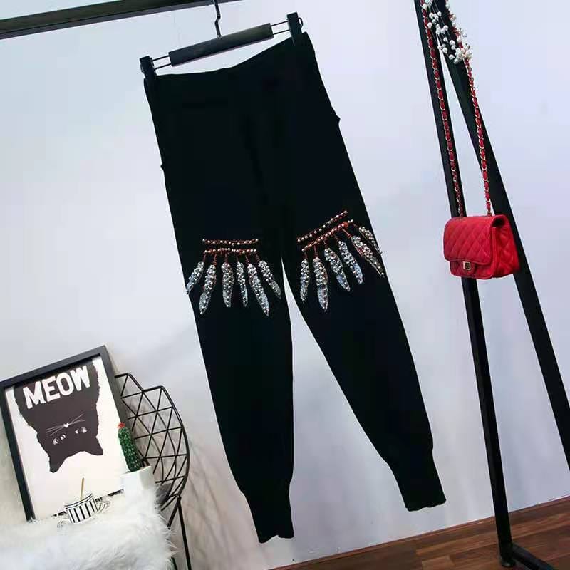 New ladies sweater set fashion sweater heavy work embroidery printing