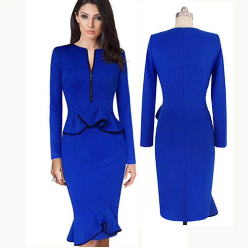 New long-sleeved blue lotus leaf hem two faux stretch pack hip career dress