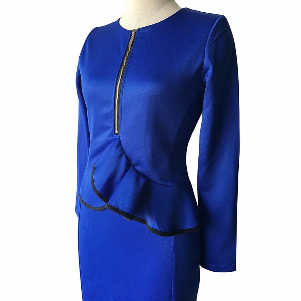 New long-sleeved blue lotus leaf hem two faux stretch pack hip career dress