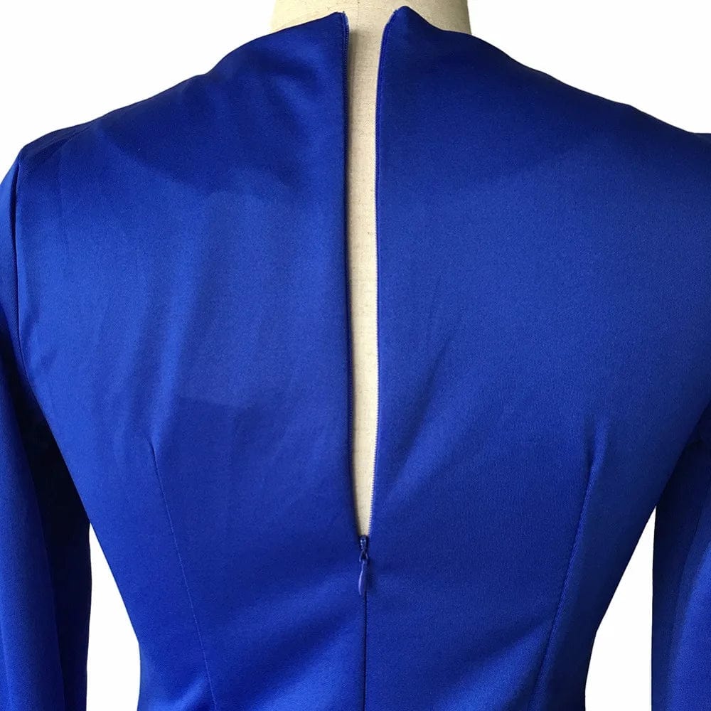 New long-sleeved blue lotus leaf hem two faux stretch pack hip career dress